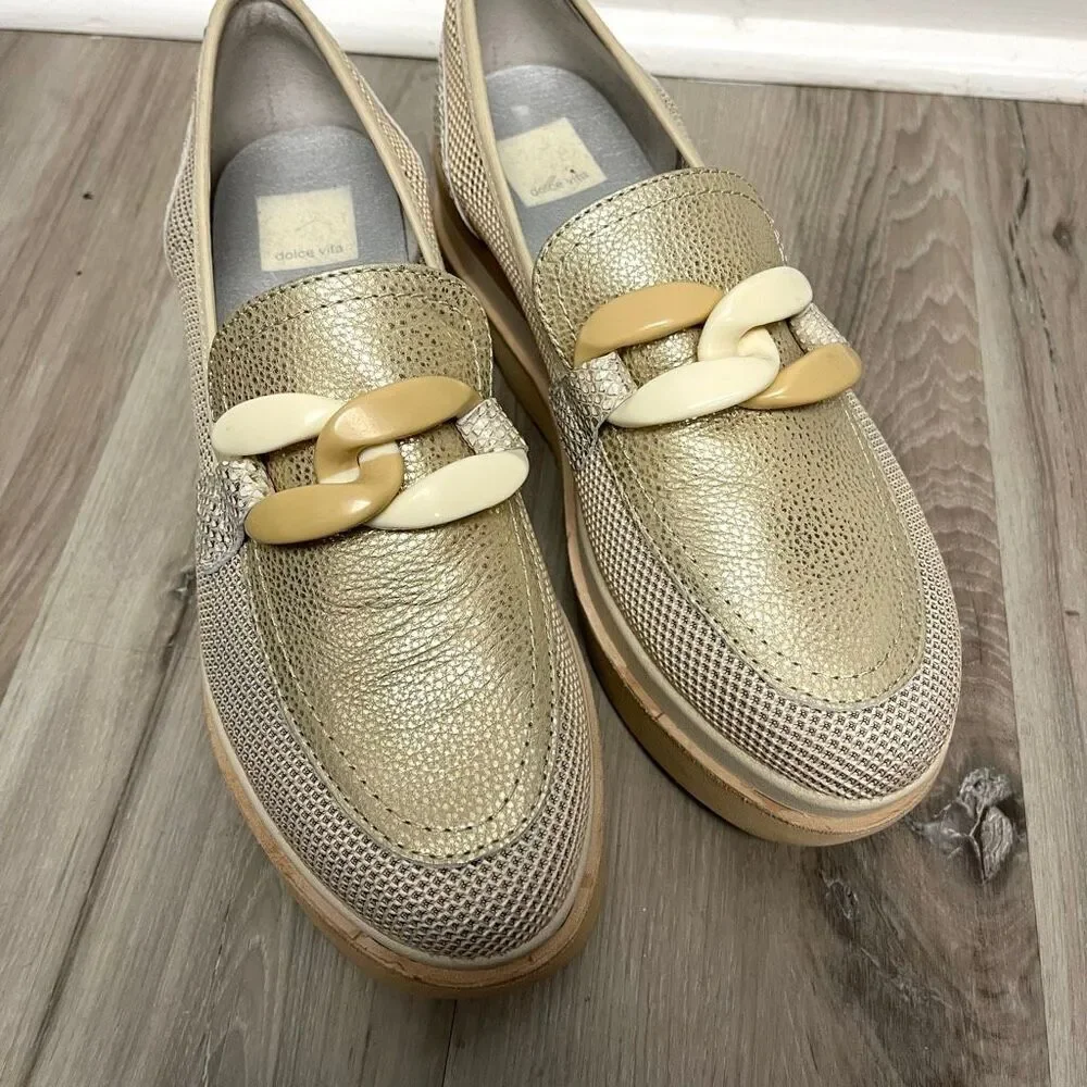 Dolce‎ Vita Loafers Women’s 8.5 Jaksen Beige Tan and Gold Mesh Platform Slip On